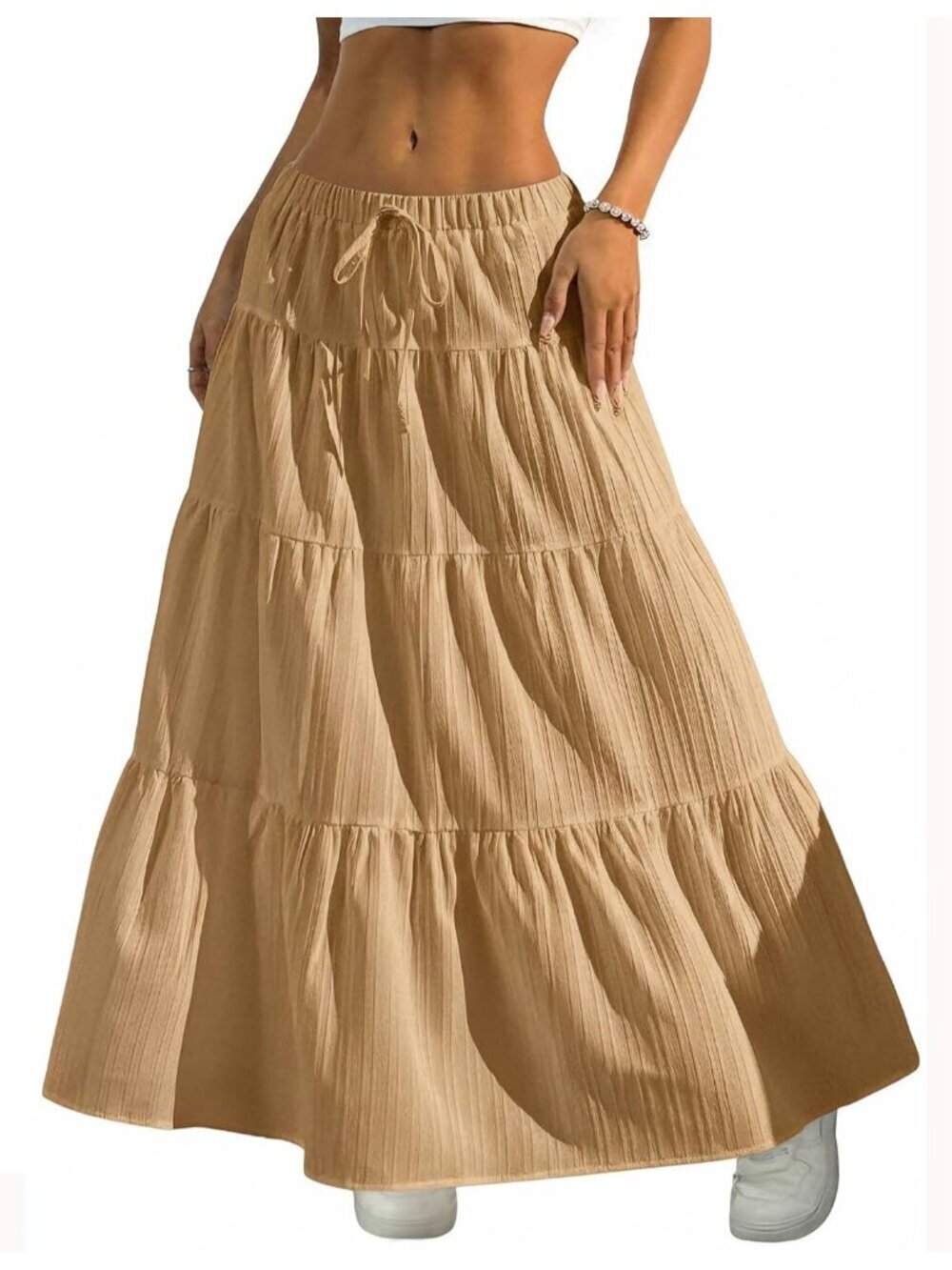 Women's Boho Flowy Khaki Maxi Skirt Flared Ruffle A Line Spring Long Skirts